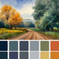 a painting of a dirt road with trees in the background and color swatches below