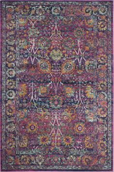 a purple rug with an ornate design on the front and back side, in various colors