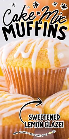 the cover of cake muffins with white icing on top and lemon glaze