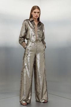 The Ultimate Party Piece, These Sequinned Pants Are Cut In A Relaxed Wide Leg Style To Exude After-Dark Decadence. Make An Instant Statement And Style This Standout Piece With The Matching Shirt And Barely-There Heels.Pantssequinshigh Waistedwide Leg Wide Leg Pants With Sequin Top, Sparkle Wide Leg Pants, Shiny Trousers Outfit, Glitter Wide Leg Pants, Wide Leg Glitter Pants, Sparkle Pants, Elegant Full-length Silver Pants, Glamorous Silver Wide-leg Pants, Glamorous Full-length Wide Leg Pants With Sequins