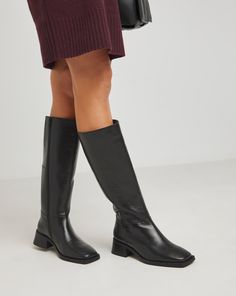 Give yourself a sleek new look with these leather knee high boots. Featuring a plain upper to bring detail to the quality leather, a low block heel and an inside zip. Wide Calf Faux Leather Knee-high Boots, Medium Width Leather Knee-high Boots, Fitted Calf Leather Knee-high Platform Boots, Knee-high Calf Leather Boots With Rubber Sole, Black Wide Calf Synthetic Knee-high Boots, Knee High Boots Flat, William Black, Leather Knee High Boots, Western Style Boots