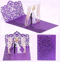 purple and white wedding card with laser cut design on the front, back and side