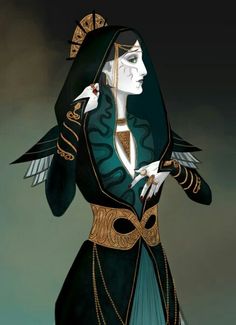 a drawing of a woman dressed in black and blue