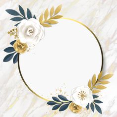 a white and gold floral frame on a marble background with golden leaves, flowers and branches