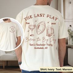 Gear up for the ultimate celebration with our Custom Football Bachelorette Shirt! Featuring a "Last Play Before the Big Day" design, this football-themed tee is perfect for your sports-loving crew. Whether it's a Bachelor or Bachelorette party, it's the ideal gift for bridesmaids or groomsmen at any football-themed event. Personalize it for a unique, unforgettable touch! Explore our full range of products including shirts, sweatshirts, trucker hats and more by visiting our store: https://special Football Bachelor Party, Custom Print T-shirt For Football Season Team Events, Bachelorette Tees, Bachelor Party Shirts, Bachelorette Shirt, Club T Shirt, Personalized Football, Custom Football, Football Tees