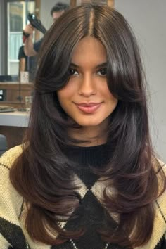 Long, layered locks with a deep side part create a voluminous cascade of rich chocolate tones, giving the hair a healthy and dynamic look perfect for framing the face. The subtle movement and hints of mahogany highlights peak through, adding depth and warmth to the overall style.  // Photo Credit: Instagram @velatozdamar Hair Cuts For Girls, Woman Haircut, Haircut Girl, Haircuts For Girls, Face Framing Hair, Rambut Brunette, Ladies Hair, Hair Set