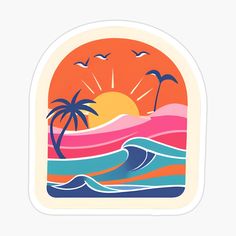 a sunset with palm trees and waves sticker