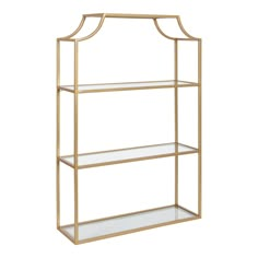 a gold metal shelf with glass shelves