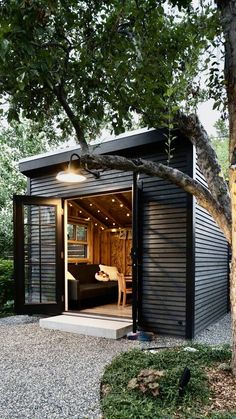 a small black shed sitting under a tree