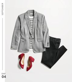 Pair black pants with a striped top and a contrasting grey blazer. Add red flats or pumps for a pop. Stitch Fix Fall, Stitch Fix Style, Stitch Fix Outfits, Houndstooth Jacket, Stitch Fix Stylist, Outfit Jeans, Fashion Victim, Business Dresses, Work Wardrobe