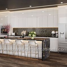 a kitchen with white cabinets and bar stools next to an island in the middle