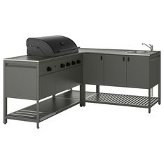 an outdoor bbq with sink and grill on the side, in front of a white background