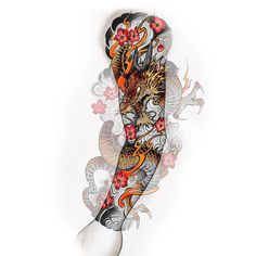 an artistic tattoo design on the side of a woman's arm, with dragon and flowers