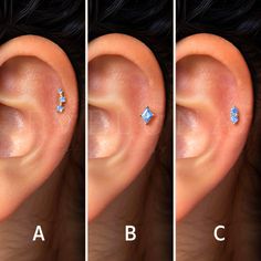 three different types of ear piercings are shown in four different positions, including the middle one with blue stones