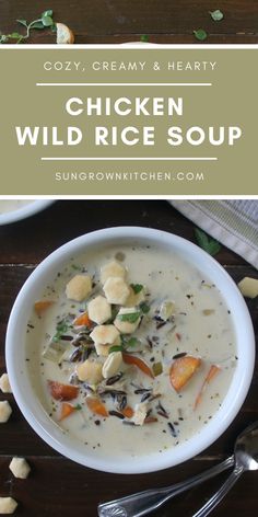 chicken wild rice soup in a white bowl