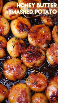 honey butter smashed potato bites in a skillet