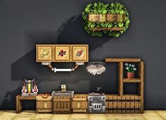 the kitchen is decorated with plants and wooden cabinets, along with other items that are hanging on the wall