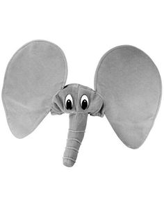 an elephant shaped pillow with eyes and ears on it's head, sitting in front of a white background