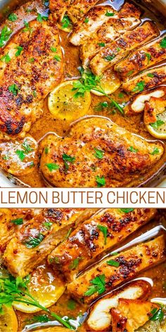 two pictures of chicken with lemon butter sauce in a pan