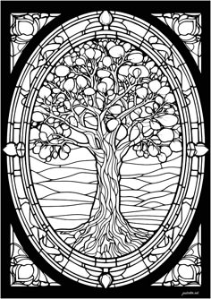 a stained glass window with a tree in the center