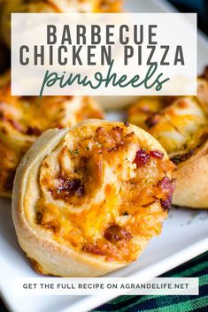 barbecue chicken pizza pinwheels on a white plate with text overlay that reads, barbecue chicken pizza pinwheels get the full recipe on acandelie net