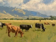 a painting of cows grazing in a field