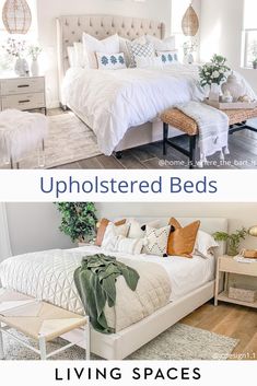 the before and after photos show how to decorate a bedroom with upholstered beds