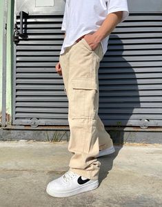 Men's Premium Baggy Cargo Pants Beige | STREETMODE ™ Over Size Outfit Men, Baggy Cargo Pants Outfit Men, Outfit Cargo Beige, Beige Cargo Pants Outfit Men, Beige Pants Outfit Men, Mens Cargo Pants Outfit, Beige Outfit Men, Cargo Outfit Men