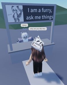 a person standing in front of a sign that says i am a furry, ask me things