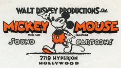 the mickey mouse logo is shown on a white t - shirt with orange and black lettering