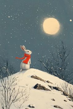 a painting of a white rabbit sitting on top of a snow covered hill at night