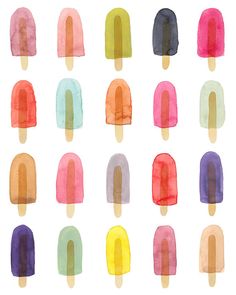 watercolor ice creams are arranged in different colors