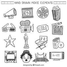 hand drawn movie elements in black and white with the words'hand drawn movie elements '