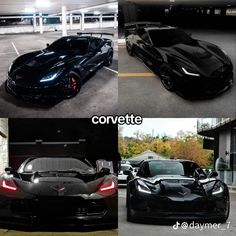 two black sports cars parked next to each other in a parking lot at night and day