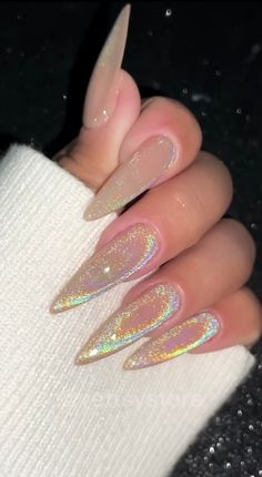 Pink Iridescent Nails Almond, Rainbow Magnetic Nails, Rainbow Cats Eye Nails, Long Cateye Nails, Rainbow Iridescent Nails, Rainbow Cateye Nailart, Cat Eye Pink Nails, Rainbow Cat Eye Nails, Nail Iridescent