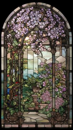 a stained glass window with flowers on it