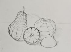 a pencil drawing of some fruit on a white paper