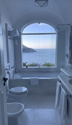 a bathroom with a large window overlooking the ocean