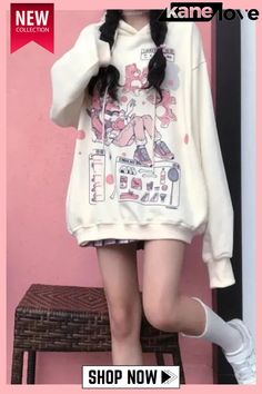 Women Casual and Chic Print Oversized Hoodie Oversized Harajuku Hoodie With Cartoon Print, Oversized Harajuku Sweatshirt For Fall, Harajuku Style Sweatshirt With Drawstring Hood For Fall, Oversized Harajuku Sweatshirt For Winter, Oversized Harajuku Style Winter Sweatshirt, Spring Drop Shoulder Hoodie With Drawstring Hood, Cute Long Sleeve Hoodie, Harajuku Style Long Sleeve Spring Sweatshirt, Oversized Harajuku Hoodie