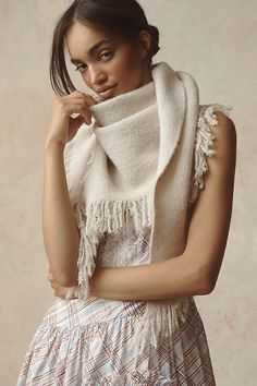 It’s a wrap – Shay is THE scarf for elevated outfitting. Offered in a so-soft knit and complete with fringe trim. | The Shay Triangle Fringe Scarf Wrap by Anthropologie in Beige, Women's, Polyester/Elastane Shawl Photoshoot, Knitted Shawl, Anthropologie Uk, Triangle Scarf, Bandana Scarf, Fringe Scarf, Scarf Gift, Shawl Wrap, Dress Gift