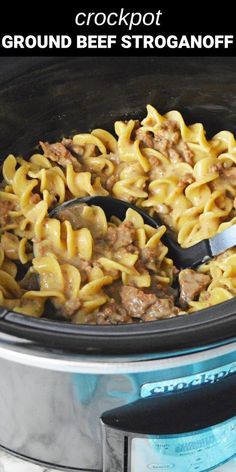 crockpot ground beef stroganoni recipe in the slow cooker with text overlay