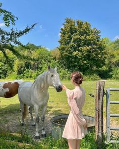 a woman standing next to a white horse in a fenced in area with green grass and trees