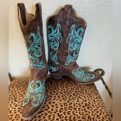 Turquoise Embroidered Brown Corral Cowboy Boots Only Worn A Few Times In Good Condition Corral Boots, Boots Cowboy, High Top Shoes, Top Shoes, High Top, Cowboy Boots, High Tops, Cowboy, Size 6