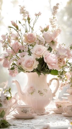 a vase filled with lots of pink flowers on top of a white table covered in tea cups