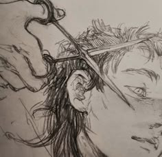 a pencil drawing of a man getting his hair cut