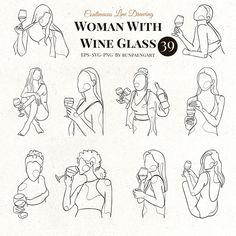 the woman with wine glass illustrations are drawn in black and white