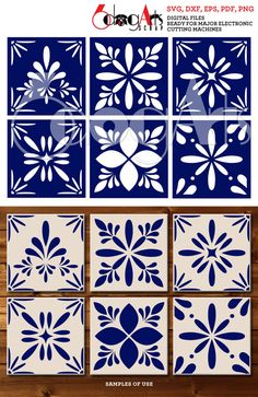 blue and white tiles with flowers on them are shown in the shape of four squares