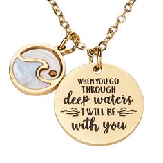 PRICES MAY VARY. 🌊 Stylish and Meaningful: This gold-plated stainless steel necklace features two captivating charms—a transparent circle with a genuine mustard seed in resin and a wave charm with mother of pearl. 💖 Inspirational Message: The second charm beautifully expresses, "When you go through deep waters, I will be with you." A powerful reminder of strength and support during challenging times. 🌟 Eye-catching Design: The wave charm measures 0.5 inches, adding a touch of elegance, while Meaningful Round Stainless Steel Jewelry, Meaningful Gold Nickel-free Charm Necklace, Gold Circle Jewelry In Stainless Steel, Inspirational Gold-toned Stainless Steel Jewelry, Gold Circle Stainless Steel Necklace, Gold Circle Stainless Steel Jewelry, Gold Circular Stainless Steel Jewelry, Inspirational Nickel-free Gold Necklace, Gold Circle Charm Necklace For Gift