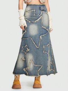 Star Pattern Raw Trim Denim Skirt, School Blue Casual   Denim Geometric A Line Non-Stretch  Women Clothing, size features are:Bust: ,Length: ,Sleeve Length: Upcycle Jeans Skirt, Jean Refashion, Elsa Style, Maxi Jean Skirt, Midi Jean Skirt, Denim Bag Patterns, Midi Jeans