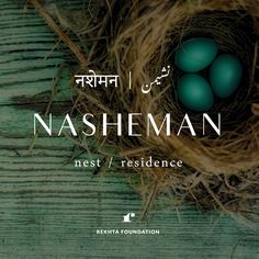 three eggs in a nest with the words, nasheman nest / residence on it